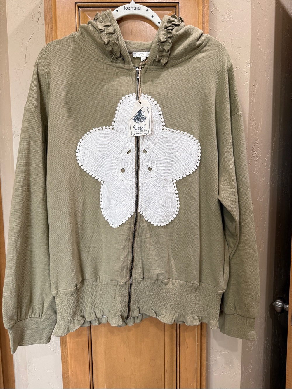 easel Olive Green Zip Hoodie with White Crochet Flower